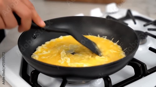 Cooking Scrambled Eggs in a Frying Pan on a Gas Stove.