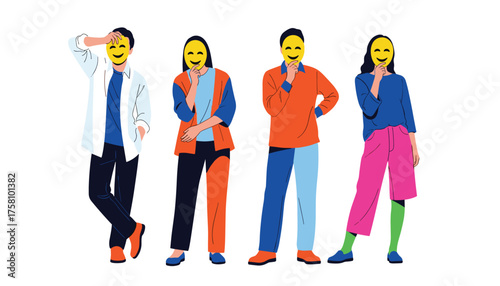 Four diverse people standing and holding yellow smiley face masks in front of their faces 