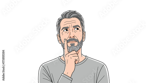 A thoughtful middleaged man with a beard and grey hair, , with his finger on his chin, looking up and to the side, contemplating an idea 