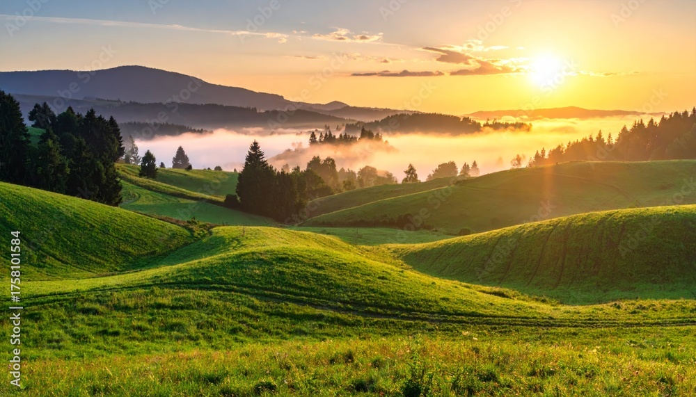 Fototapeta premium panorama of a beautiful, ecological farmland at sunrise. Waved, green field, forest and morning fog