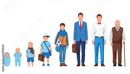 Illustration showing human life cycle stages from baby to elderly man 