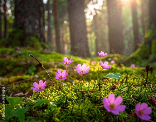 Pink wildflowers bloom in moss-covered forest bathed in sunlight