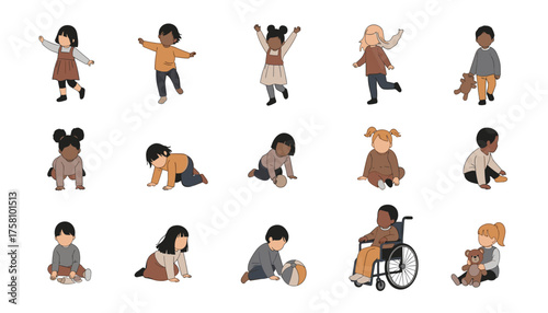Diverse group of young children in various poses, including crawling, sitting, and standing 