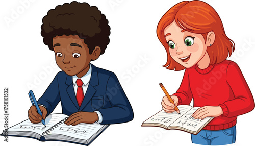 Cartoon children solving math, notebook writing, algebra problems, focused students, red sweater, blue suit, pencil, pen, education, learning