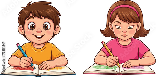 Cartoon children drawing, creative activity, colorful scribbles, yellow shirt, pink headband, pencil grip, open book, smiling boy, focused girl, education