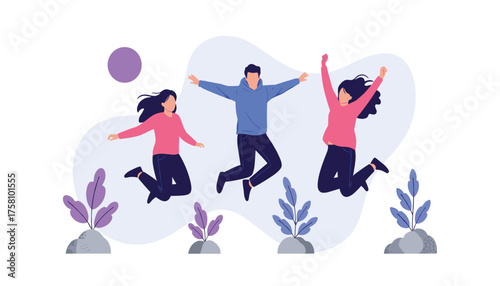 Three people jumping in the air with joy and excitement 