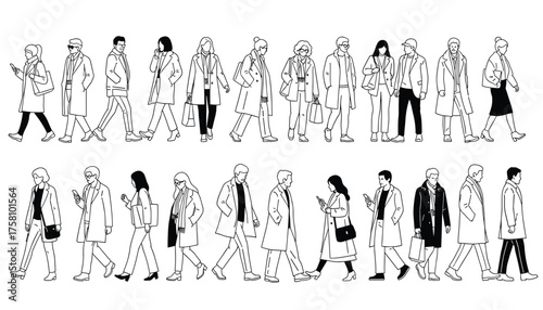 Collection of diverse people walking and using their phones 