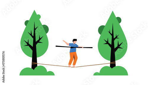 A person balancing on a tightrope between two trees 