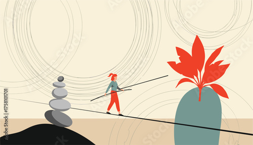 A person walks a tightrope, balancing with a pole, between a stack of stones and a large plant, symbolizing lifes challenges and equilibrium 