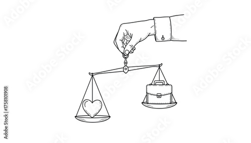 Hand balancing a heart and a briefcase on a scale, symbolizing worklife balance 
