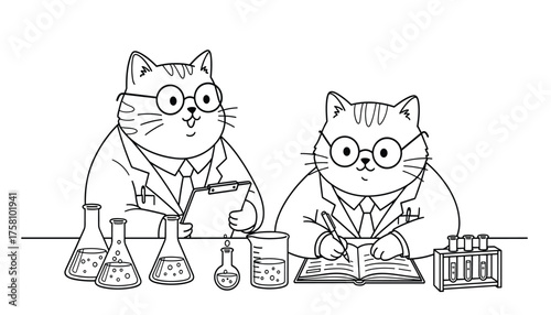 Two cute cartoon cats wearing lab coats and glasses, conducting a science experiment in a laboratory 