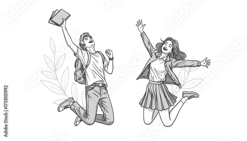 Excited young student boy and girl jumping with joy and holding book