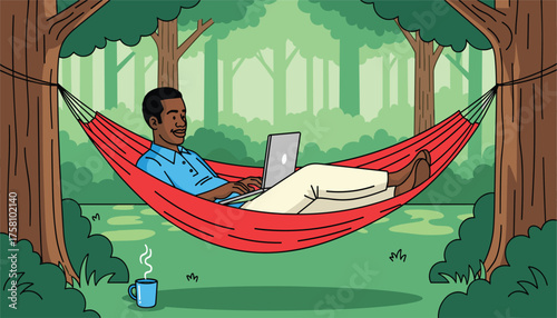 Man working on laptop in a hammock in a lush green forest, enjoying nature and remote work
