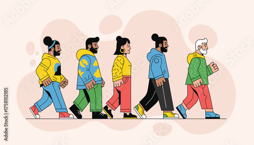 A diverse group of people walking in a line, showcasing individuality and unity in motion