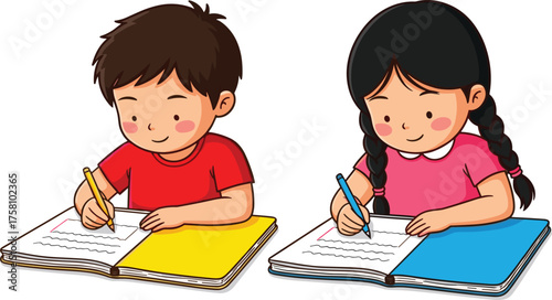 Children writing in notebooks, school activity, focused kids, homework time, red shirt, pink shirt, education, learning, pencil, classroom moment