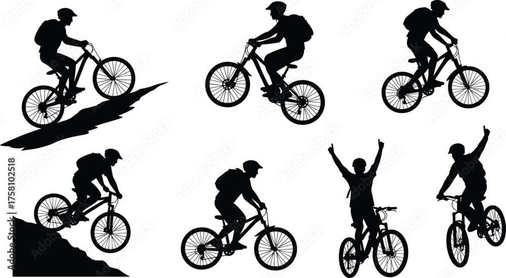 Fototapeta premium Cycling silhouette, mountain biking action, BMX stunts, rider with helmet, steep terrain, jump tricks, outdoor sport, black and white vector
