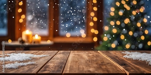 Empty woooden table top with abstract warm living room decor with christmas tree string light blur background with snow,Holiday backdrop,Mock up banner for display of advertise product. 