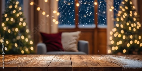 Empty woooden table top with abstract warm living room decor with christmas tree string light blur background with snow,Holiday backdrop,Mock up banner for display of advertise product. 