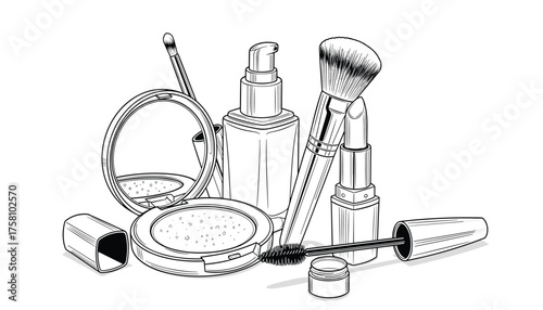 Collection of cosmetic products, including foundation, powder, mascara, and brushes