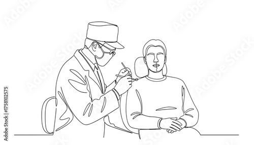 Continuous line drawing of a dentist examining a patients teeth in a dental chair