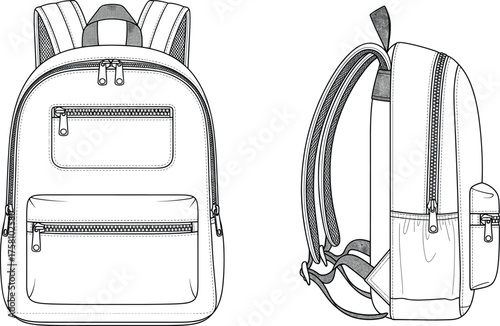 Backpack technical flat sketch, front and side view, zippered compartments side pocket padded straps handle stitching detail apparel accessory design illustration