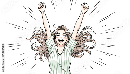 Excited young woman with long hair celebrating success with arms raised in the air