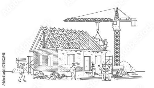 Construction of a house with a crane and workers, showing the building process and development of a new home