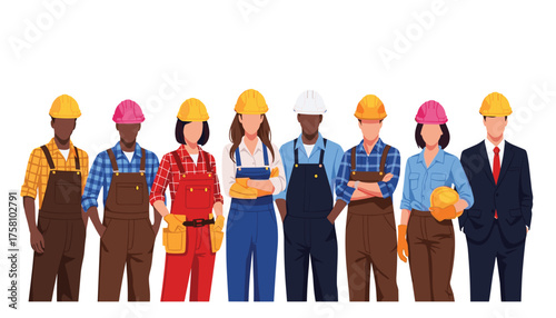 Diverse group of construction workers and professionals standing together