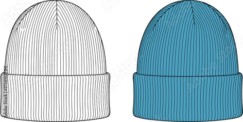 Beanie hat flat sketch, knit winter cap design, ribbed folded brim illustration, fashion accessory template, apparel vector, warm clothing style