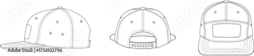Baseball cap technical line drawing, side rear top view, snapback closure, flat brim, ventilation eyelets, sweatband interior, apparel design illustration