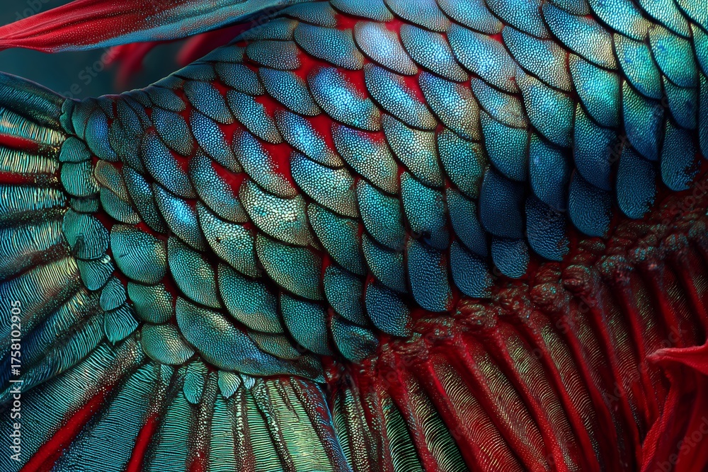 Obraz premium Detailed close-up of the vibrant scales of a Siamese fighting fish, showcasing iridescent blues, greens andreds. Concept for exotic pet care, aquatic life documentation andvibrant color palettes