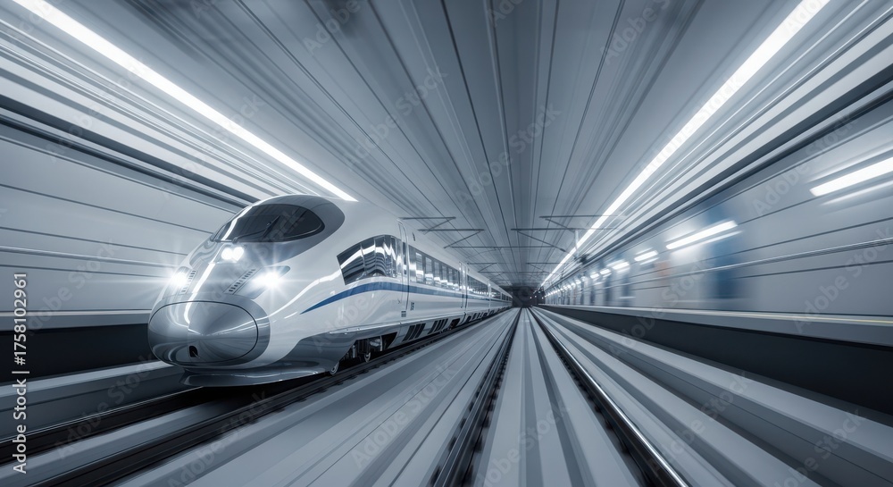 Obraz premium High-speed hyperloop train traveling at incredible velocity through a futuristic illuminated tunnel concept