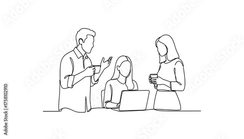 Three people in a meeting, one working on a laptop, discussing ideas