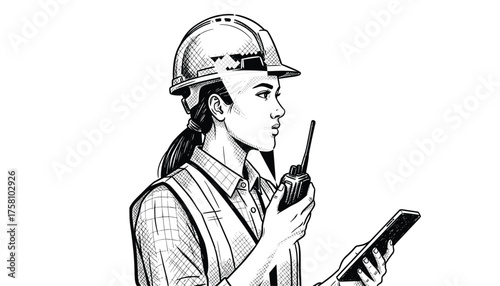 Illustration of a female construction worker wearing a hard hat and safety vest, holding a walkietalkie and a tablet