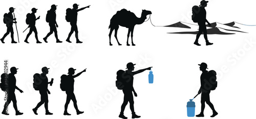 Desert hiking, trekking silhouettes, camel travel, water sharing, outdoor adventure, map reading, sand dunes, teamwork journey, hydration scene, exploration group