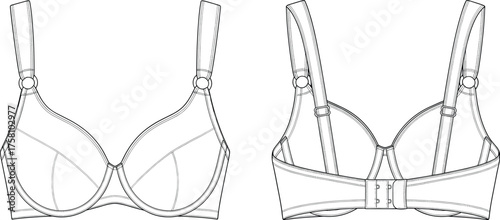 Bra flat sketch, lingerie technical drawing, molded cup underwire design, adjustable straps with rings, hook and eye closure, intimate apparel template, fashion vector illustration