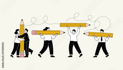 Diverse group of people collaborating and creating with giant pencils, symbolizing teamwork, ideas, and innovation