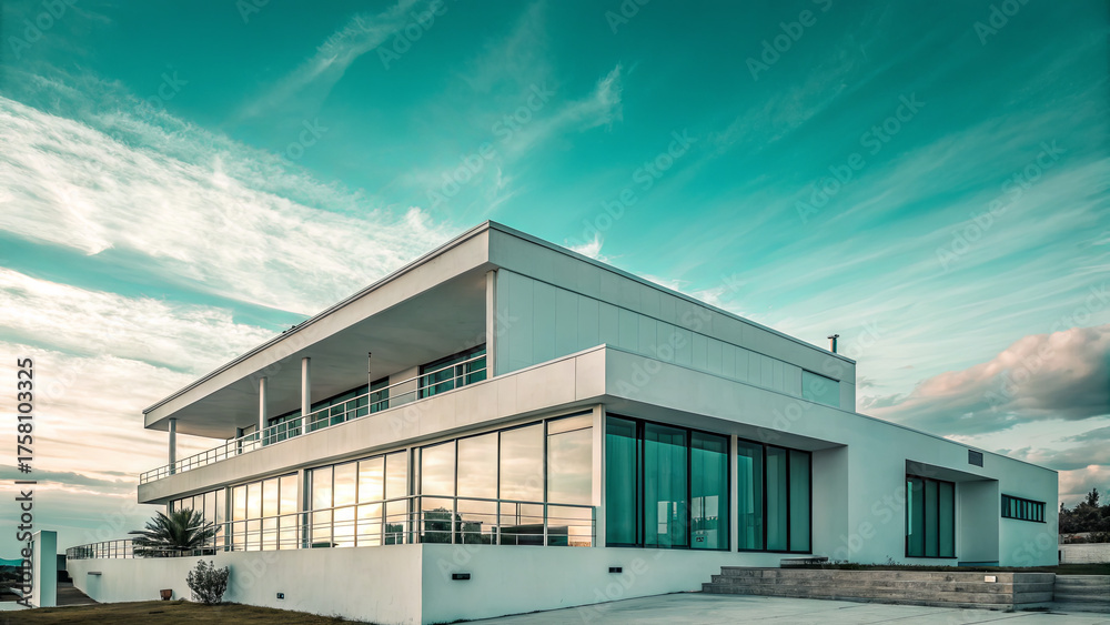 Fototapeta premium This stunning coastal home features large windows that showcase breathtaking ocean views. The architecture is modern and inviting, blending seamlessly with the sunset sky