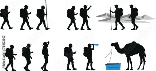 Desert trekking, hiking silhouettes, camel drinking, outdoor expedition, water break, navigation tools, teamwork journey, sand dunes, travel group, survival scene