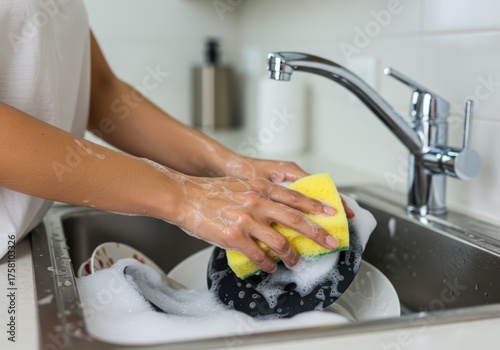 A woman washes dishes with soap and water in a kitchen sink. A housewife doing a daily chore and a household routine for a banner poster. Household chores and dishwashing concept.
