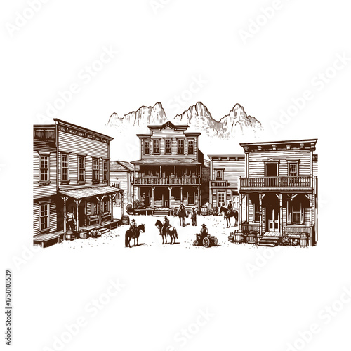 
Traceable Old Western Frontier Town Main Street Line Art
