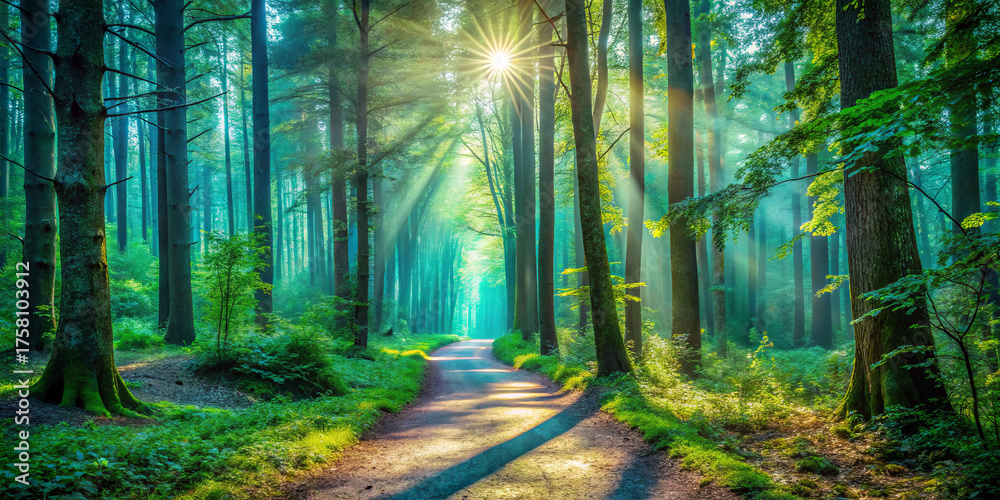 Naklejka premium Sunlight streams through the canopy of tall trees, illuminating a peaceful forest path. The scene captures the tranquility of nature at dawn with vibrant colors and soft light