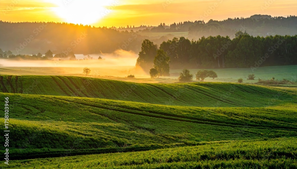 Obraz premium panorama of a beautiful, ecological farmland at sunrise. Waved, green field, forest and morning fog