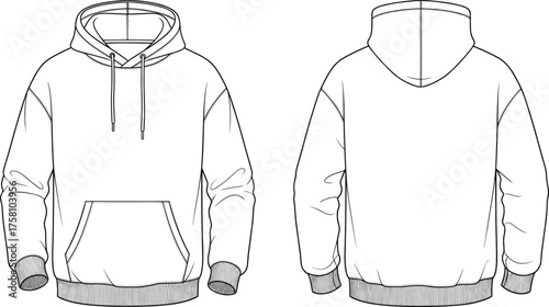 Gray hoodie flat sketch, front and back view, drawstring hood design, kangaroo pocket, ribbed cuffs, ribbed hem, fashion template, apparel mockup