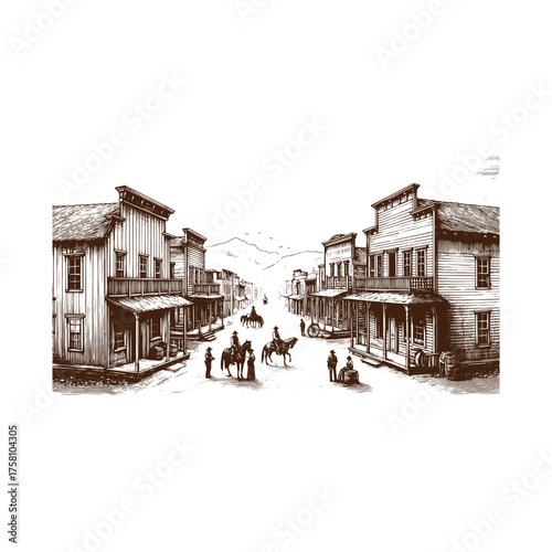 
Traceable Old Western Frontier Town Main Street Line Art