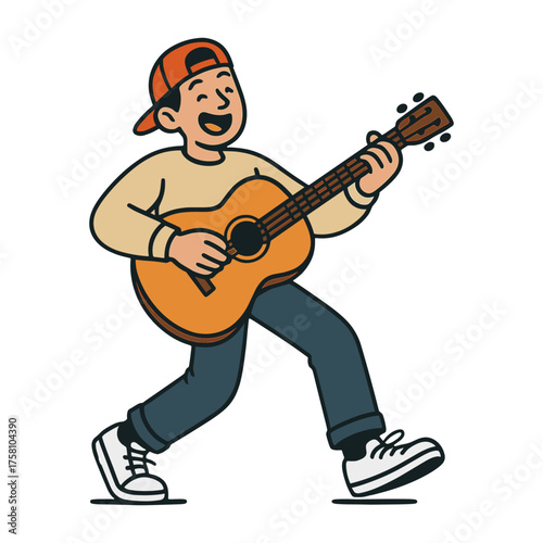 Cartoon guitarist playing happily vector