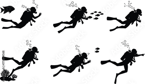 Scuba diving silhouette, underwater exploration, marine life interaction, diver with gear, ocean adventure, coral reef, black vector, aquatic illustration