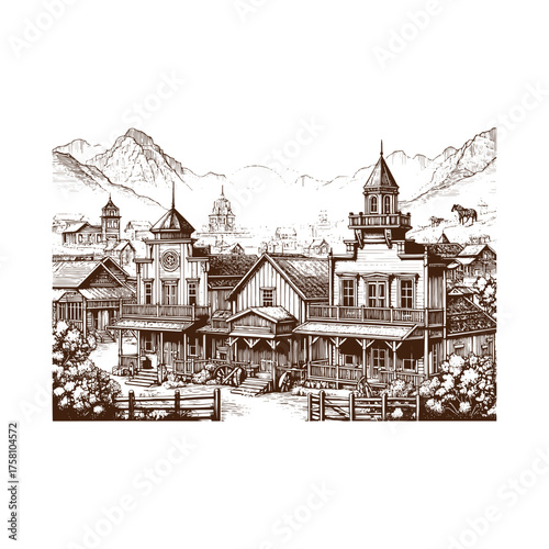 
Traceable Old Western Frontier Town Main Street Line Art