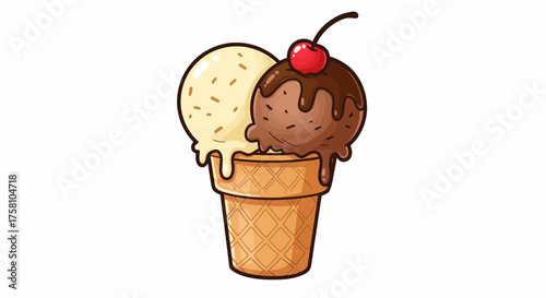 Double Scoop Ice Cream Cone Vector Illustration