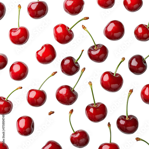 Glossy red cherries scatter against black